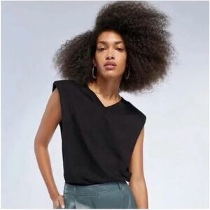 Babaton Aritzia VNeck T Shirt Women XS Black Shoulder Pad Sleeveless Cotton Boxy